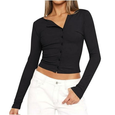 AherBiu Going out Tops for Women Cropped Button down Shirts Crewneck Slim Fitted Stretchy Cute Blouse