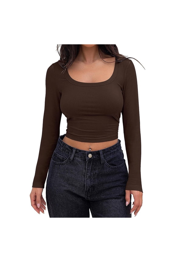 Going out Tops for Women Cropped Long Sleeve Square Neck Ribble Knit Slim Stretchy Shirts Blouse