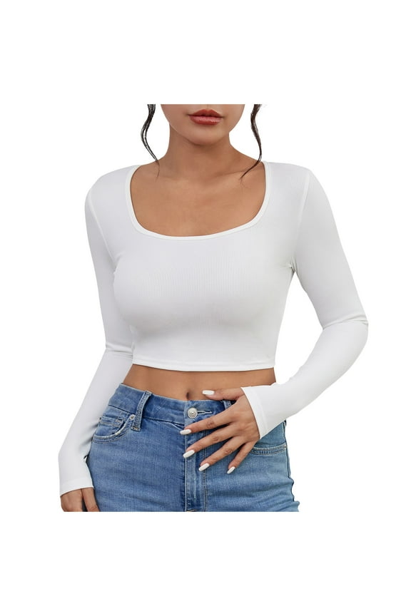 Going out Tops for Women Cropped Long Sleeve Square Neck Slim Fitted Basic Layer Tees Shirts