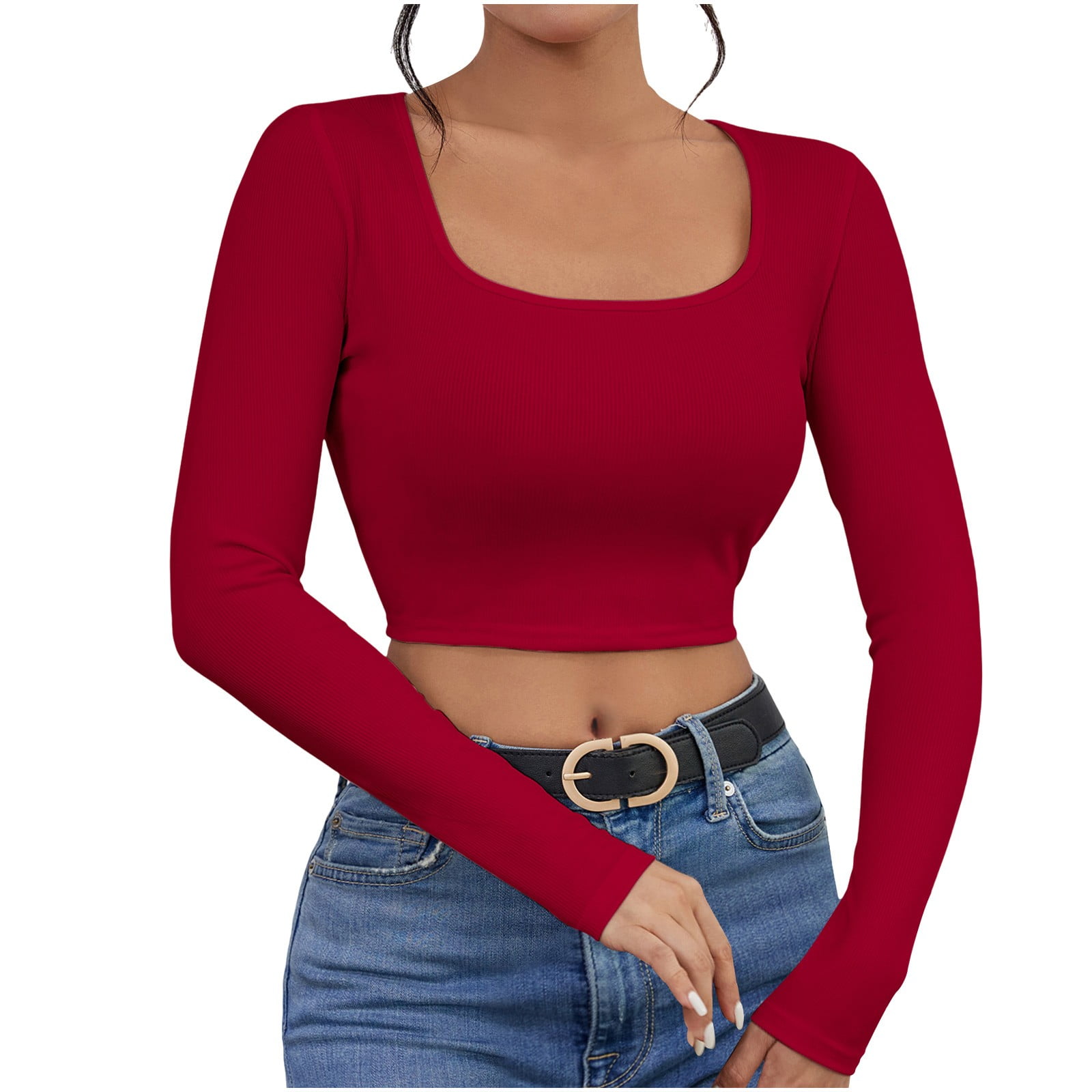 Going out Tops for Women Cropped Long Sleeve Square Neck Slim Fitted Basic Layer Tees Shirts