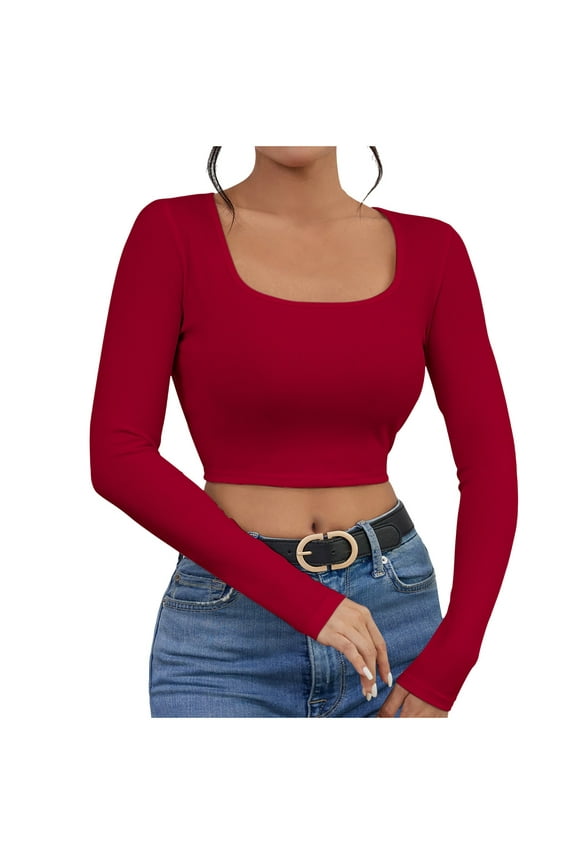 Going out Tops for Women Cropped Long Sleeve Square Neck Slim Fitted Basic Layer Tees Shirts