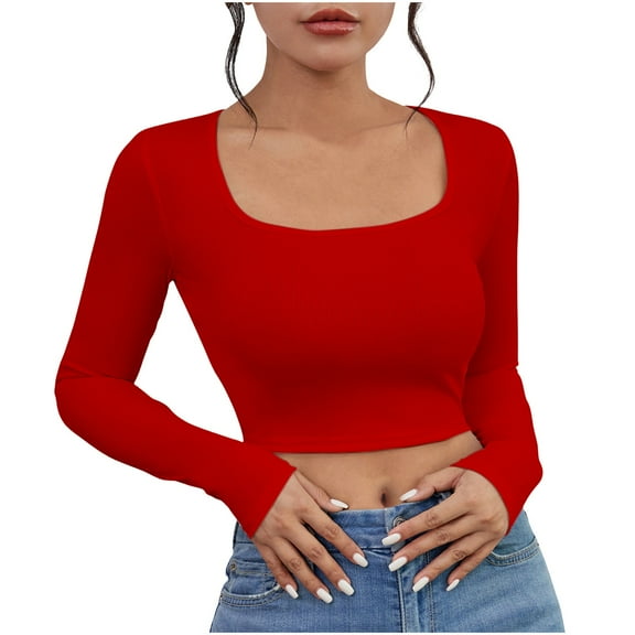 AherBiu Going out Tops for Women Cropped Long Sleeve Square Neck Slim Fitted Basic Layer Tees Shirts