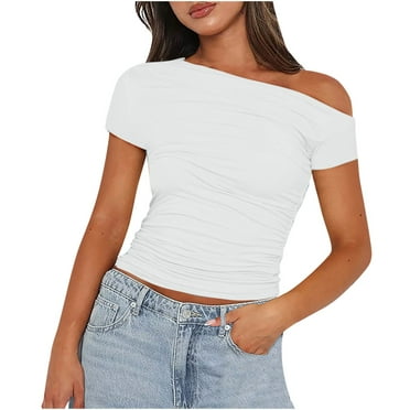 AherBiu Going out Tops for Women Diagonal Collar Shoulder Slim Tight Short Sleeve Cute T Shirts