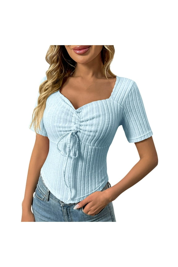 Going out Tops for Women Drawstring Square Neck Low Cut Short Sleeve Ribble Knitted Slim Fitted Cute Shirts