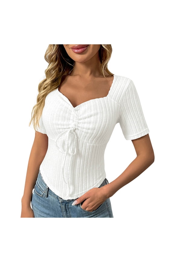 Going out Tops for Women Drawstring Square Neck Low Cut Short Sleeve Ribble Knitted Slim Fitted Cute Shirts