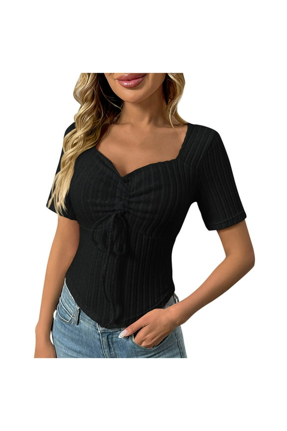 Going out Tops for Women Drawstring Square Neck Low Cut Short Sleeve Ribble Knitted Slim Fitted Cute Shirts