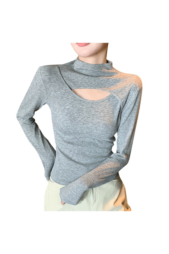 Going out Tops for Women Long Sleeve T Shirts Cutout Turtleneck Comfy Basic Layer Tees Blouse