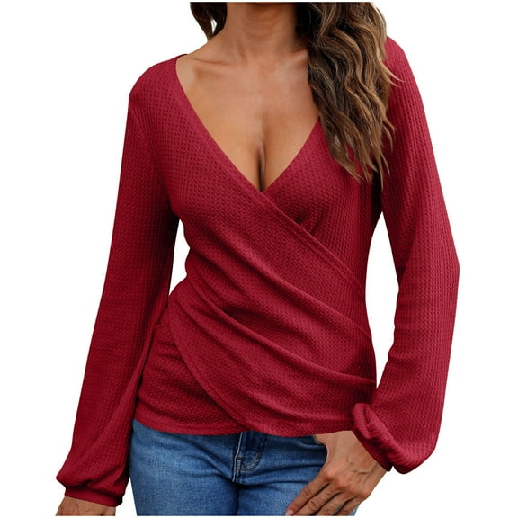 AherBiu Going out Tops for Women Low Cut Wrap Deep V Neck Long Sleeve Fall Casual Cute Shirts Plain Blouse