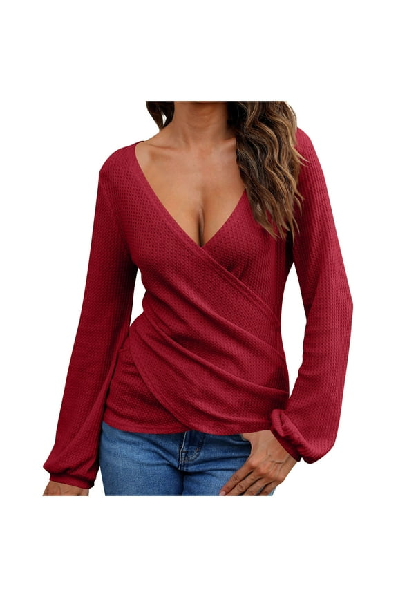Going out Tops for Women Low Cut Wrap Deep V Neck Long Sleeve Fall Casual Cute Shirts Plain Blouse