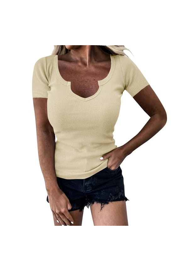 Going out Tops for Women Notch V Neck Short Sleeve Slim Fitted Stretch Basic T Shirts Blouse