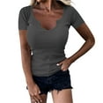 thumbnail image 1 of AherBiu Going out Tops for Women Notch V Neck Short Sleeve Slim Fitted Stretch Basic T Shirts Blouse, 1 of 5