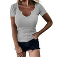 thumbnail image 1 of AherBiu Going out Tops for Women Notch V Neck Short Sleeve Slim Fitted Stretch Basic T Shirts Blouse, 1 of 5