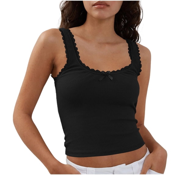 AherBiu Going out Tops for Women Ribbed Cropped Tank Tops Slim Lace Square Neck Cami Shirts Undershirt