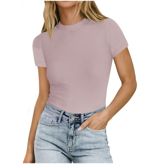 AherBiu Going out Tops for Women Ribbed Short Sleeve Crewneck Slim Basic Layer Summer Top Tees Shirts