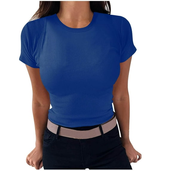 AherBiu Going out Tops for Women Ribbed Top Tees Shirt Short Sleeve Slim Basic Summer Tops