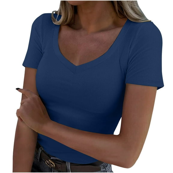 AherBiu Going out Tops for Women Ribbed V Neck Short Sleeve Slim Stretchy Comfy Shirts Blouse