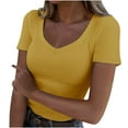 thumbnail image 1 of AherBiu Going out Tops for Women Ribbed V Neck Short Sleeve Slim Stretchy Comfy Shirts Blouse, 1 of 6