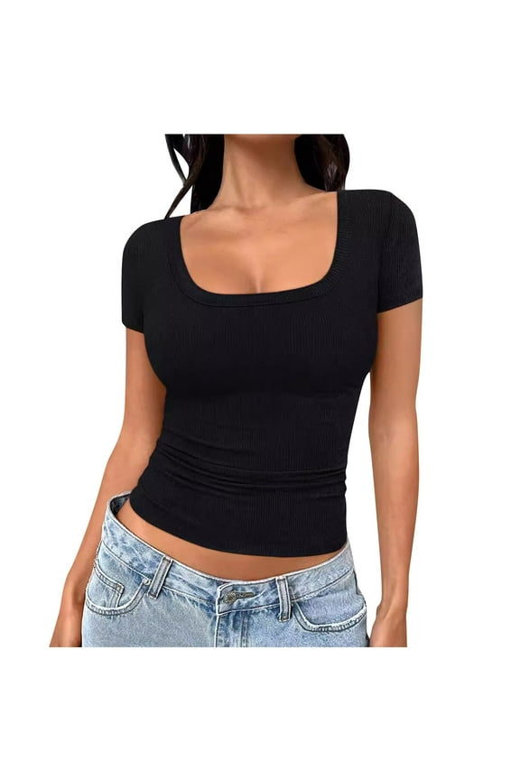 Going out Tops for Women Ribble Knit Square Neck Low Cut Sexy Shirts Slim Short Sleeve Blouse