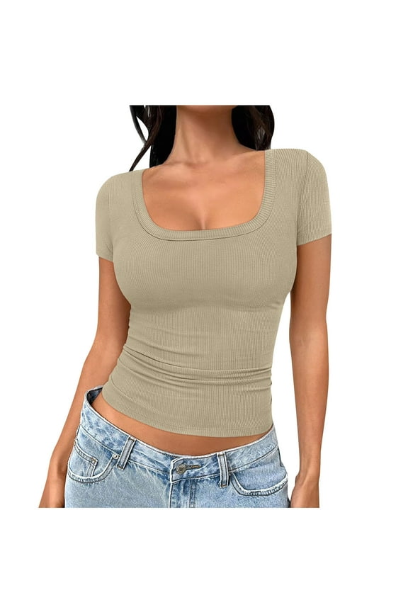 Going out Tops for Women Ribble Knit Square Neck Low Cut Sexy Shirts Slim Short Sleeve Blouse