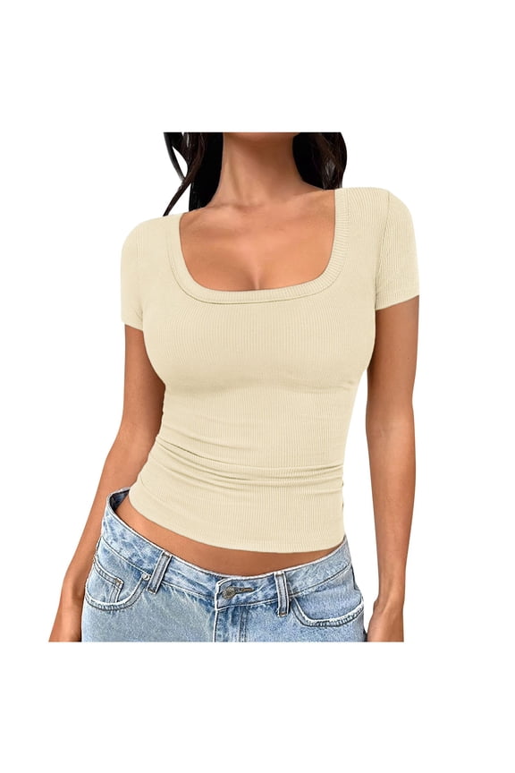 Going out Tops for Women Ribble Knit Square Neck Low Cut Sexy Shirts Slim Short Sleeve Blouse