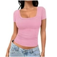 thumbnail image 1 of AherBiu Going out Tops for Women Ribble Knit Square Neck Low Cut Sexy Shirts Slim Short Sleeve Blouse, 1 of 5