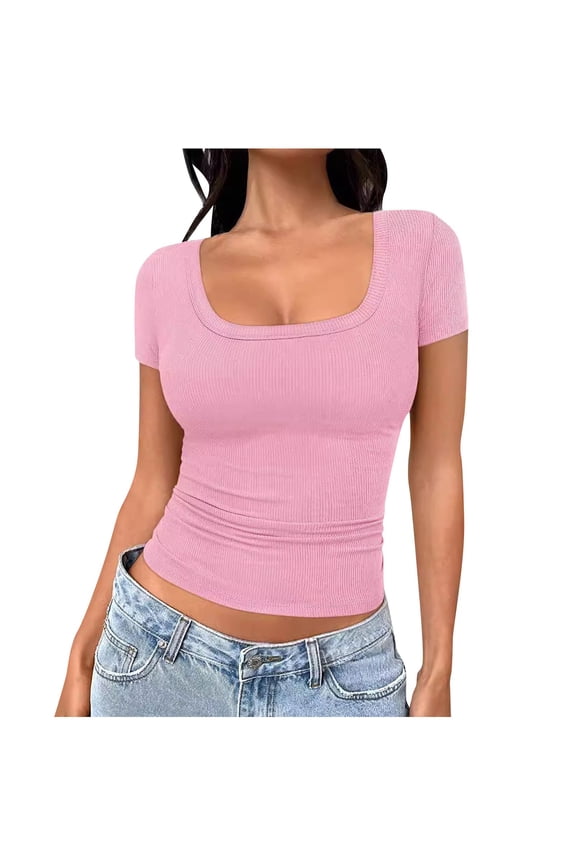 Going out Tops for Women Ribble Knit Square Neck Low Cut Sexy Shirts Slim Short Sleeve Blouse