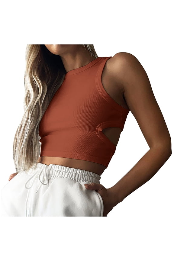 Going out Tops for Women Ribble Knitted Cutout Back Sleeveless Cropped Tank Tops Crewneck Cami