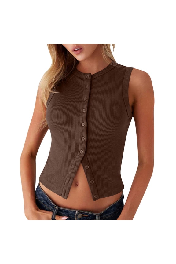 Going out Tops for Women Ribble Knitted Slim Fitted Tank Top Button down Open Front Cropped Cute Tanks