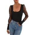 thumbnail image 1 of AherBiu Going out Tops for Women Ribble Knitted Square Neck Low Cut Mesh Dotted Long Sleeve Shirt Blouse, 1 of 4