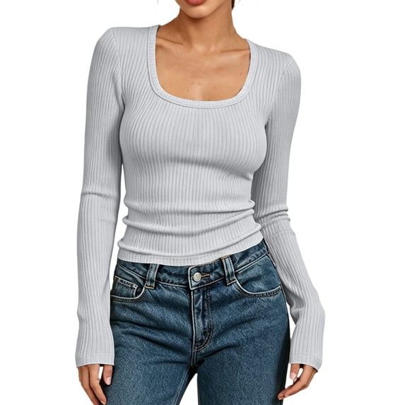 AherBiu Going out Tops for Women Ribble Knitted Square Neck Slim Fitted Stretch Long Sleeve Basic Layer Cute Shirt Blouse