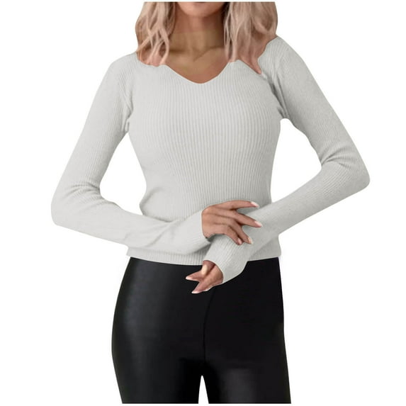 AherBiu Going out Tops for Women Ribble Knitted V Neck Cropped Slim Fitted Basic Layer Shirts Blouse