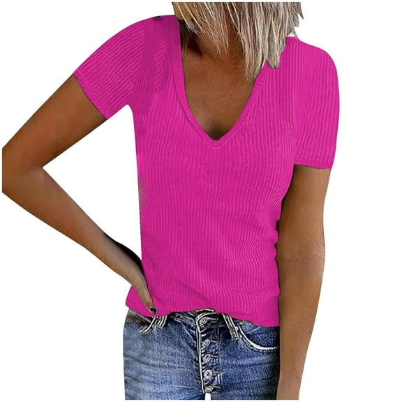 AherBiu Going out Tops for Women Ribble Knitted V Neck Short Sleeve Slim Fitted Summer Stretch Tshirts