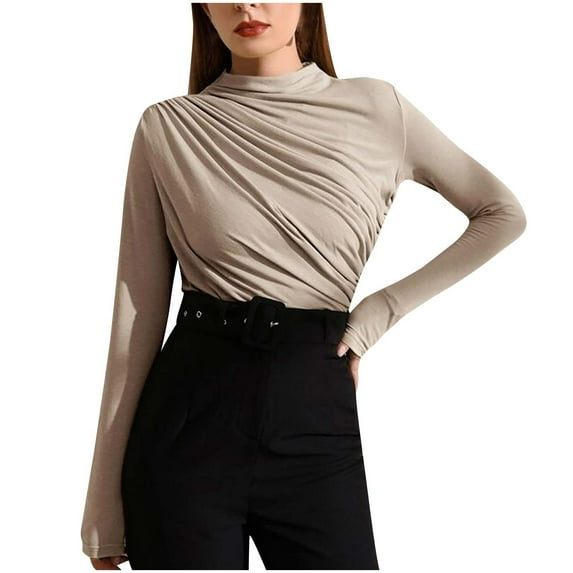AherBiu Going out Tops for Women Ruched High Neck Long Sleeve Comfy Blouse Basic Layer Top Tees Shirts