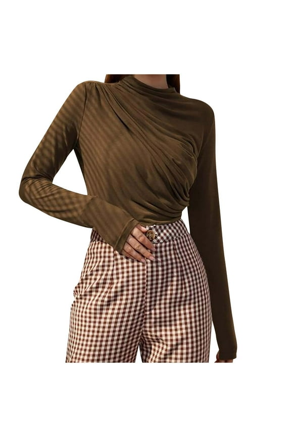 Going out Tops for Women Ruched High Neck Long Sleeve Comfy Blouse Basic Layer Top Tees Shirts