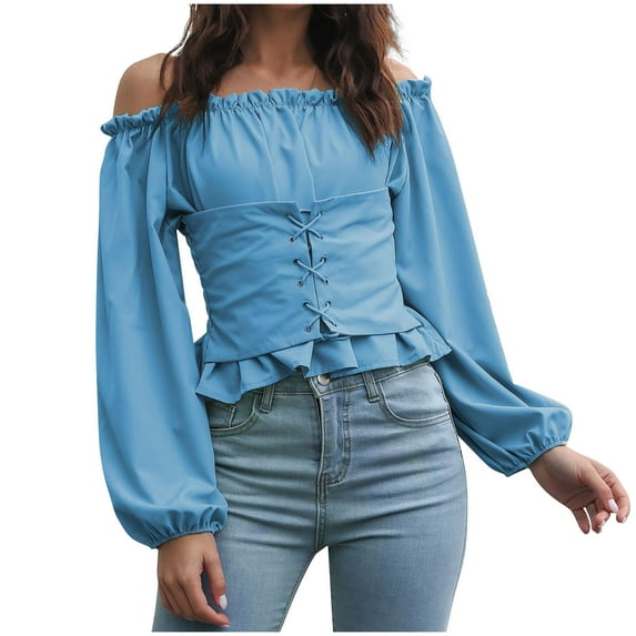AherBiu Going out Tops for Women Stretchy off Shoulder Long Sleeve Cute Peplum Shirts Blouse