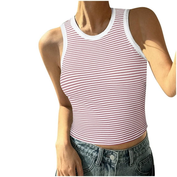 AherBiu Going out Tops for Women Striped Summer Tank Tops Crewneck Slim Fitting Crewneck Cute Shirts Basic Tees
