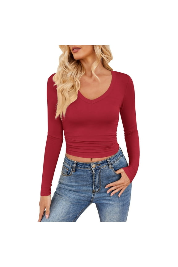 Going out Tops for Women V Neck Slim Fitted Stretch Cropped Basic Layer Top Tees Long Sleeve Shirt