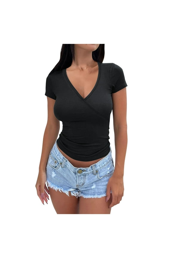 Going out Tops for Women Wrap V Neck Short Sleeve Slim Fitted Stretch Basic Tees Shirt Undershirt