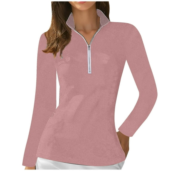 AherBiu Golf Shirts for Women Long Sleeve Tops Quarter Zip up Lapel V Neck Lightweight Tennis Shirt Blouse