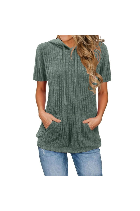 Hoodie for Women Short Sleeve Ribble Knitted Summer Casual Fitting Pullover Tops with Pockets