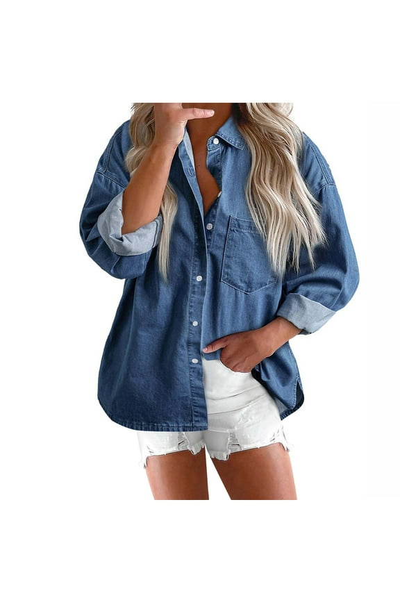 Jean Shirts for Women Button down Denim Shacket Long Sleeve Lapel V Neck Fall Casual Jackets
