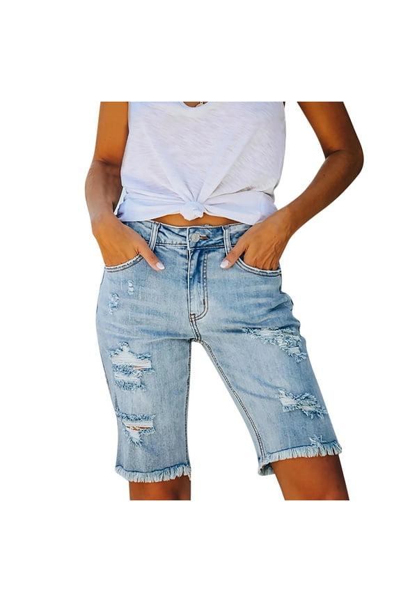 Jean Shorts for Women Knee Length Fringe High Waisted Ripped off Denim Shorts with Pockets