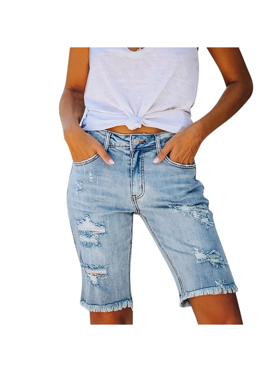 Jean Shorts for Women Knee Length Fringe High Waisted Ripped off Denim Shorts with Pockets