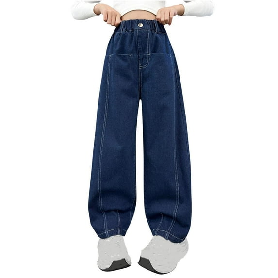 AherBiu Jeans for Girls Teens Elastic High Waisted Straight Wide Leg Denim Pants Vintage Jean Trousers with Pockets