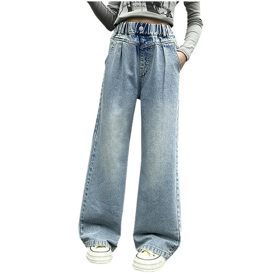 AherBiu Jeans for Girls Teens Elastic High Waisted Straight Wide Leg Denim Pants Vintage Jean Trousers with Pockets