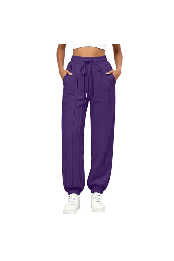 Joggers Sweatpants for Women Drawstring Elastic High Waisted Pleated Loose Loungewear Casual Fall Pants with Pockets(Large,Purple)