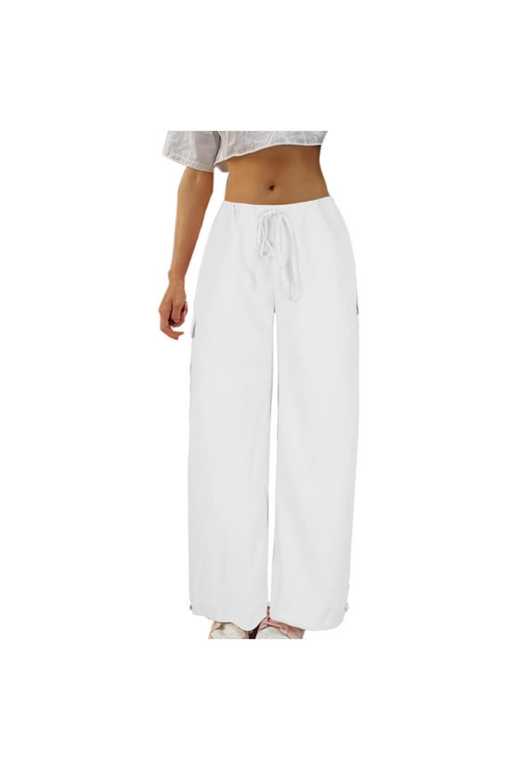 Juniors Cargo Pants Women Drawstring Waisted Streetwear Hiking Cargos Straight Wide Leg Trousers