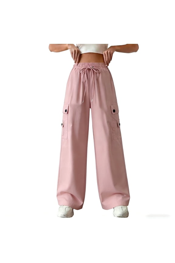 Juniors Cargo Pants for Women Drawstring Elastic High Waisted Casual Loose Fitting Hiking Cargos with Pockets