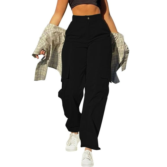 AherBiu Juniors Cargo Pants for Women Elastic High Waisted Streetwear Straight Leg Cargos Trousers with Pockets