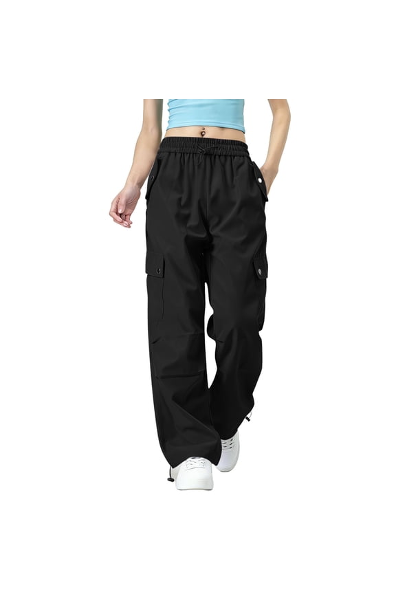 Juniors Cargo Pants for Women Elastic Waisted Casual Ruched Loose Hiking Trousers with Multi Pockets